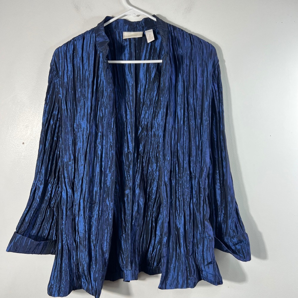 Chicos Crinkle Joria Open Front Jacket Iridescent Long Sleeve Blue L